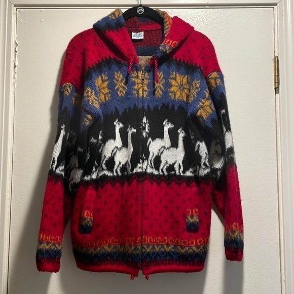𝅺Yari Artesanias Multicolored Hooded Wool Zip Drawstring Llama Sweater Jacket - Picture 1 of 8